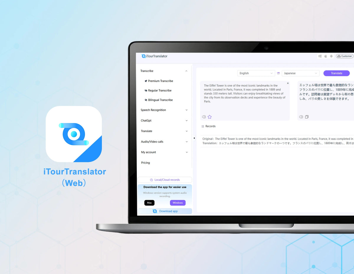 A laptop displaying the iTourTranslator web interface, shown on a light blue background with the iTourTranslator logo