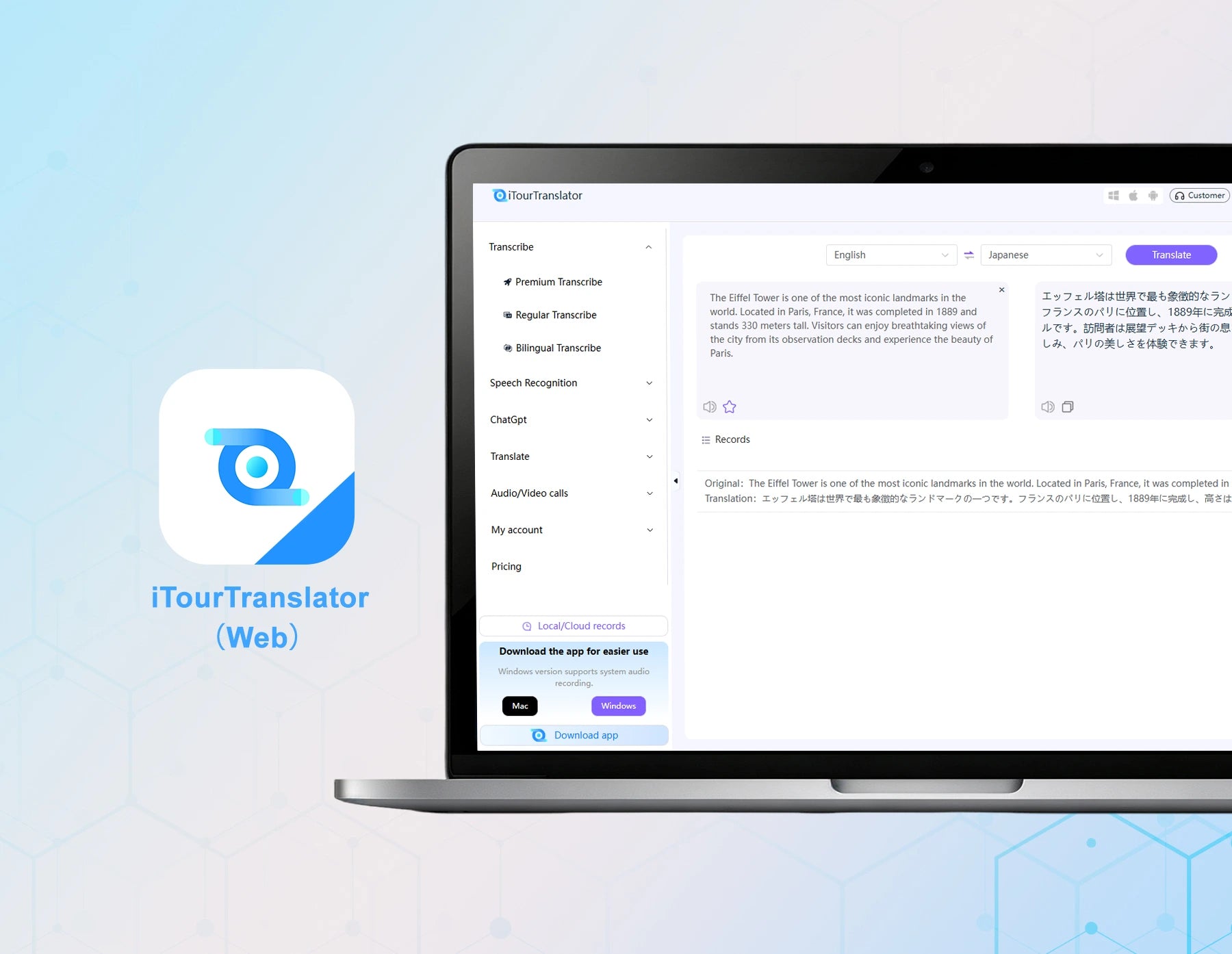 A laptop displaying the iTourTranslator web interface, shown on a light blue background with the iTourTranslator logo 